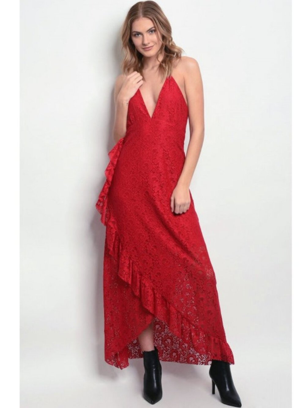 Akaiv Red Lace Wrap Style Maxi Dress Size S M or L